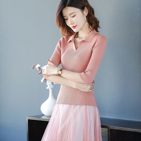 

2020 season wool knitted slim short lapel seven-point sleeve thin women's base shirt 2020 season wool knitted slim short lapel seven-po, White