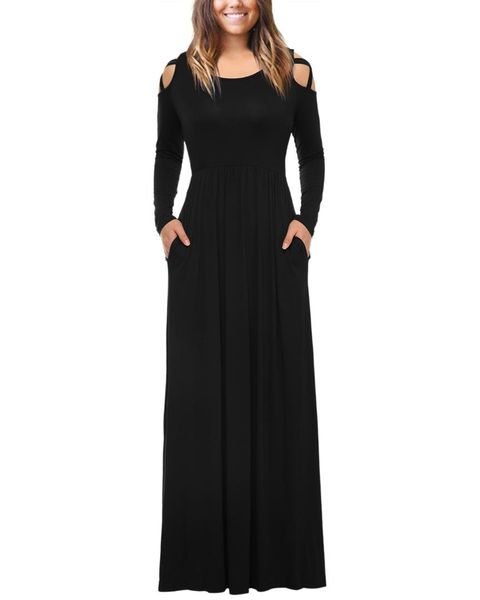 

autumn women elegant maxi dress long sleeves side pockets solid color o-neck elastic high waist casual long party dress black, Black;gray