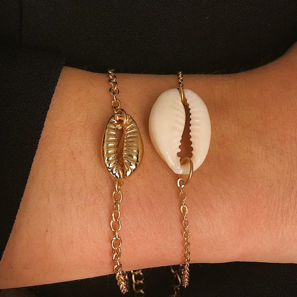 

2019 simple fashion women summer jewelry gold silver color chains natural sea shell bracelets for female charms ocean jewelry, Black