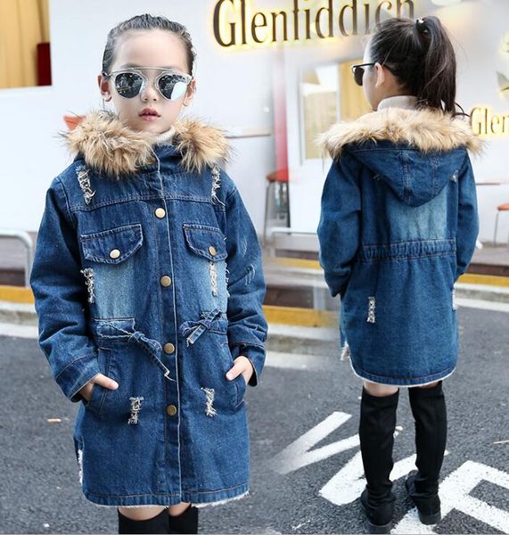 

new girls' winter denim inside plus velvet jackets coats kids faux fur cowboy hooded warm outerwear, Blue;gray