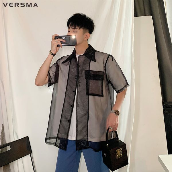 

versma korean style summer see through short sleeve shirt men retro clothing transparent shirt blouse men women dropshipping, White;black
