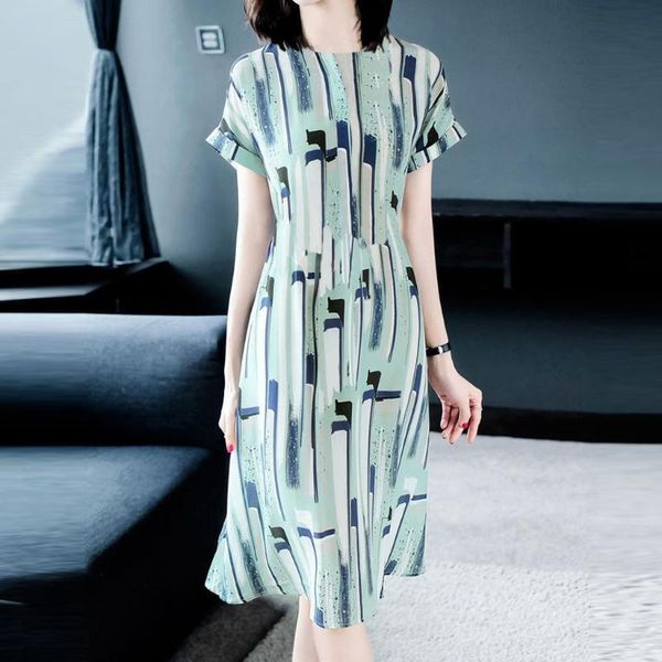 

2020 new print summer dress women casual loose short sleeve dress women fashion o-neck knee-length vestidos de verano#g30, Black;gray