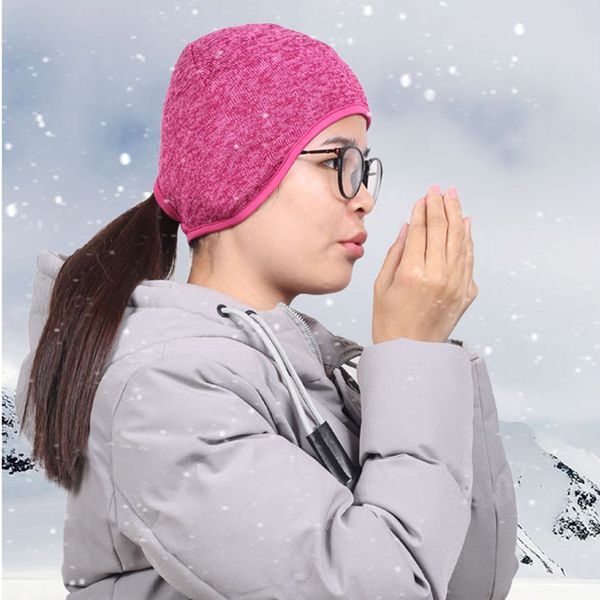 

keep warm ski for womencycling cap outdoor sports ponytail cation fleece hat windproof ear protection winter hiking running hat, Black