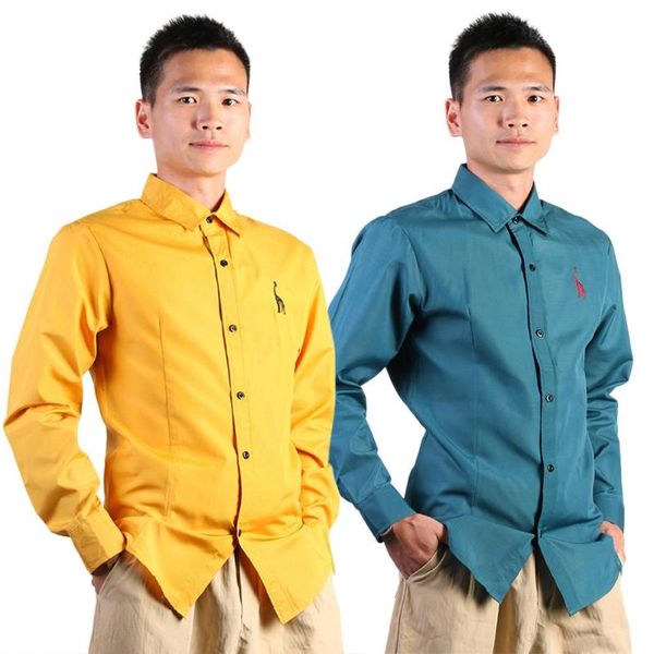 

men basic slim lapel long-sleeves embroidery deer solid color shirt, White;black