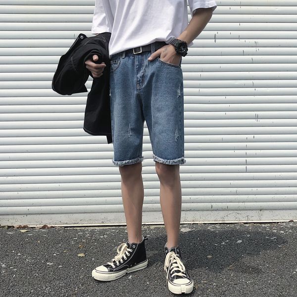 

2019 summer new chinese style explosion recommended retro loose hairy cats trend couples men's casual denim shorts, Blue