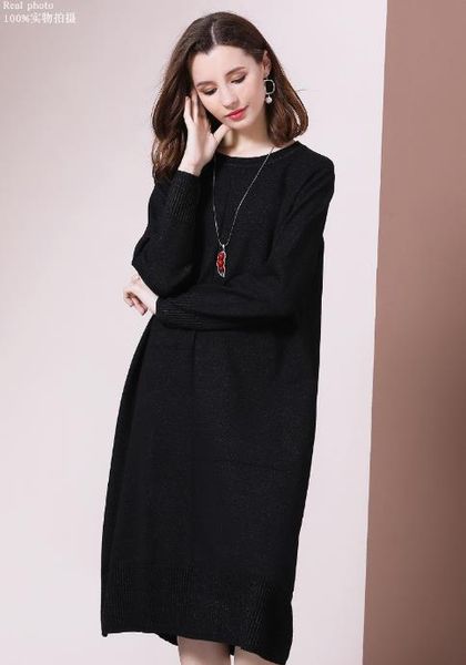 

2019 new autumn and winter lazy wind knitted long-sleeved bottoms.medium and long style loose sweater head, Black;gray