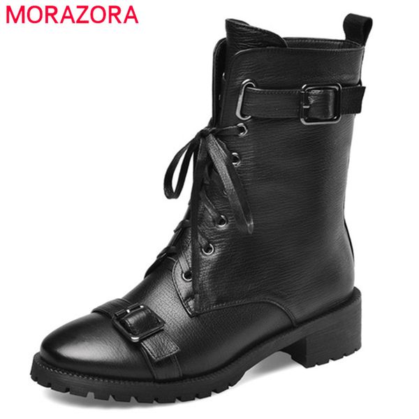 

morazora 2020 natural genuine leather shoes women ankle boots buckle lace up motorcycle boots autumn casual shoes woman, Black
