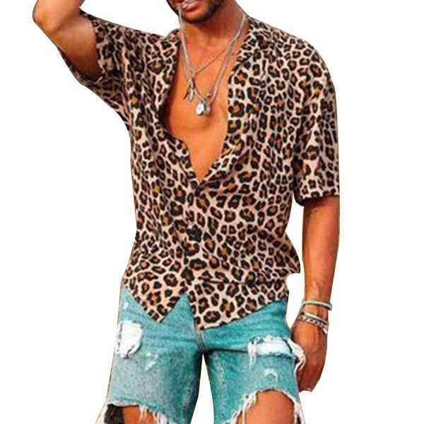 

men leopard print short sleeve turn down collar v neck shirt summer loose top, White;black