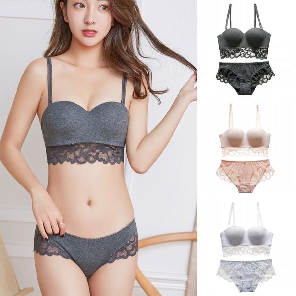 

women solid color half cup bra briefs sets lace padded push up bra lace hollow traceless low waist panties underwear suit, Red;black