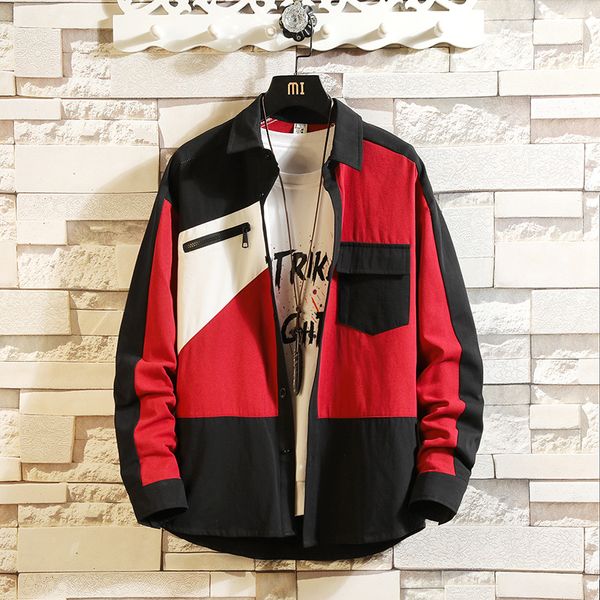 

high qualit patchwork red casual spring autumn 2019 men fashion flannel long sleeved male business shirt brand men clothes, White;black