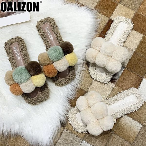 

women slippers summer fashion cute fur ball casual peep toes mules slides mujer lady loafers lazy flat slippers mujer shoes r407, Black