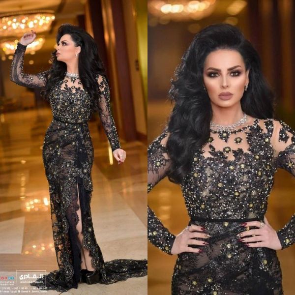 

2020 arabic black lace long sleeve evening dresses with split mermaid prom dresses mother of the bride gowns