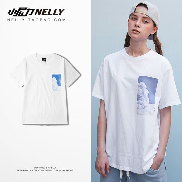 

nelly 2019 summer england simple round neck short sleeve tee men's and women's casual harajuku cotton sports t-shirt, White