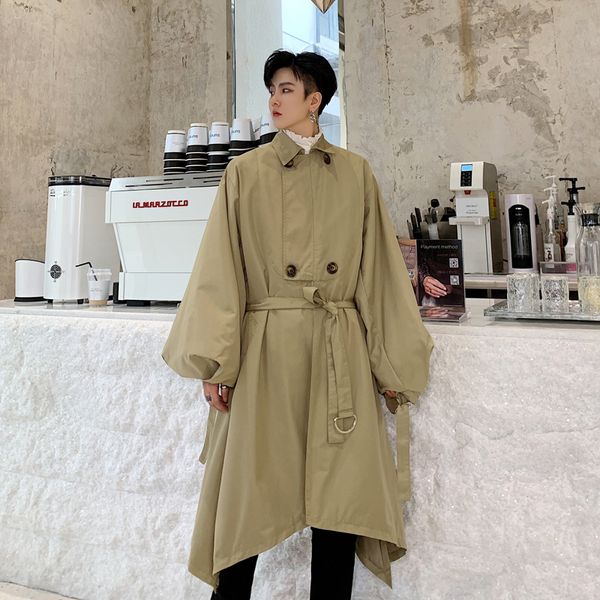 

men vintage chic puff sleeve loose casual long trench coat male women streetwear hip hop irregular windbreaker jacket overcoat, Tan;black