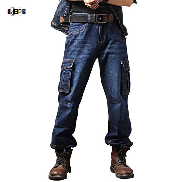 

idopy men`s casual motorcycle workwear multi pockets denim biker cargo jeans pants for men plus size, Blue