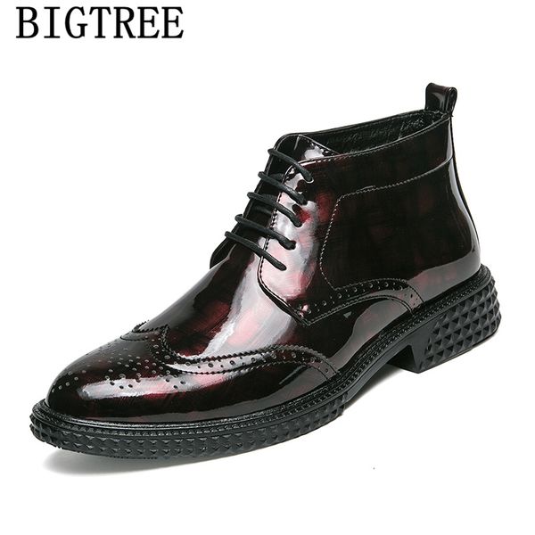 

mens dress boots ankle boots men leather high ankle shoes men motorcycle brogue shoes luxury italian brand sapatos, Black