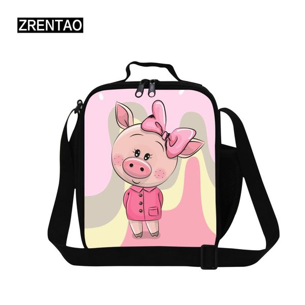 

back to school small children lunch bag with shoulder straps bento box container lunchbox cute animal pig print for kindergarten, Blue;pink