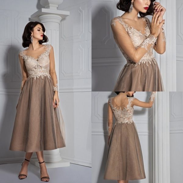 Bien Savvy 2019 Lace Mãe da Noiva Vestidos de Manga Comprida Tea Comprimento Convidado Do Casamento Vestidos de Uma Linha Vestido Barato Desgaste da Noite