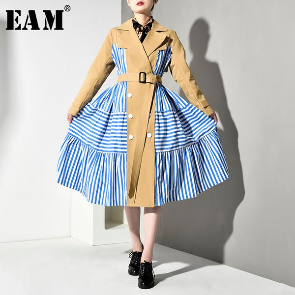 

eam] women blue striped split joint long trench new lapel long sleeve loose fit windbreaker fashion autumn winter 2019 jw8270, Tan;black