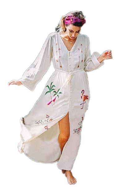 

embroidery white caftan beach dress v-neck cover-ups long tunic women' summer beach wear long sleeve sarong robe de plage, Blue;gray