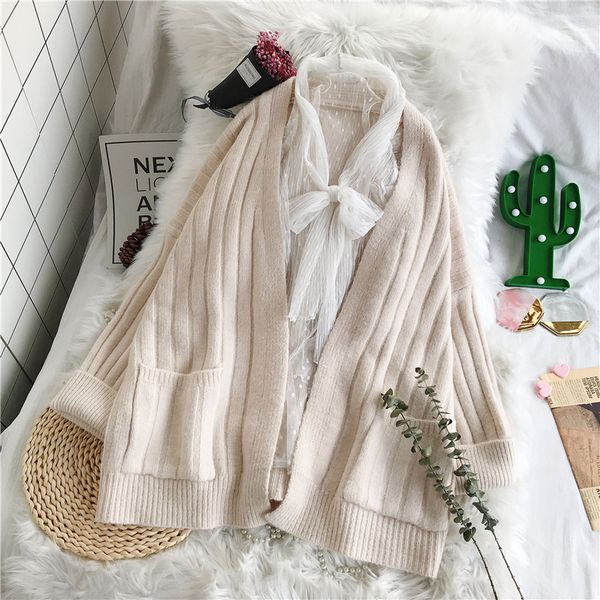 

loose knitted women sweater and cardigan 2019 winter new pockets solid v-neck thicken warm lady female outwear coat, White