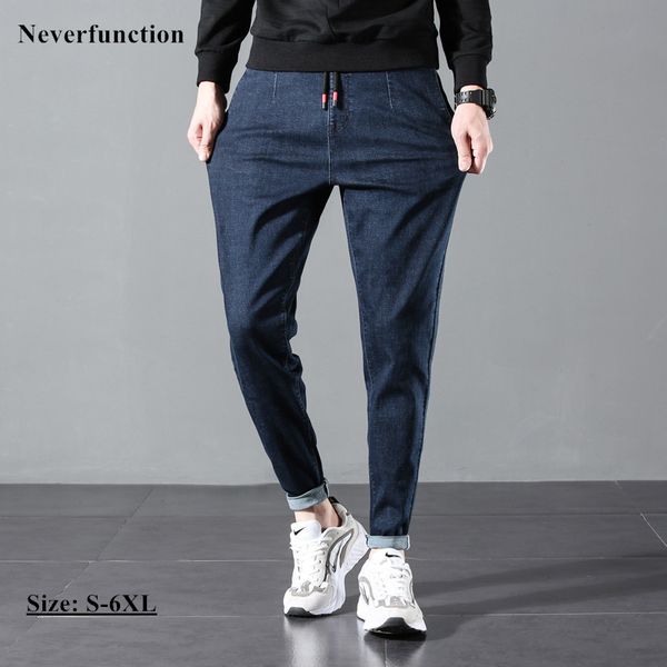 

autumn men slim fit simple jeans streetwear man solid color cotton elastic waist drawstring casual joggers denim trousers, Blue