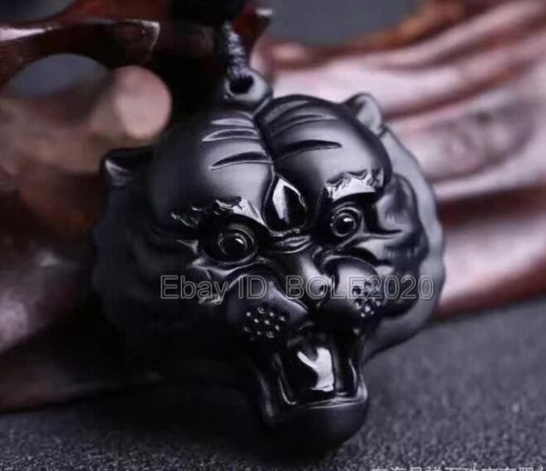 

natural black obsidian carved tiger head lucky amulet pendant + beads necklace, Silver