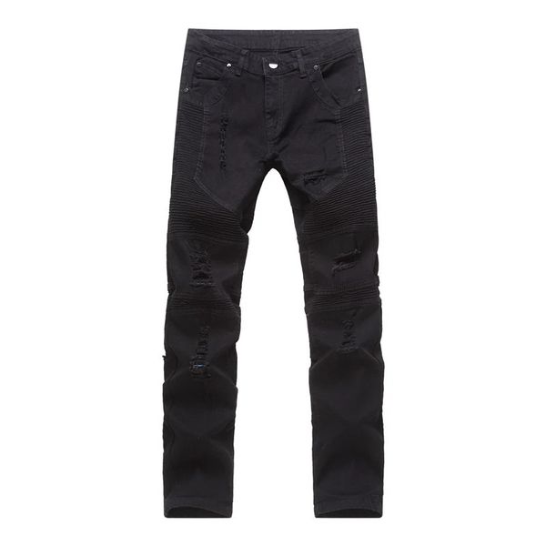 

new men's high street motorcycle fold jeans washed washed old worn slim feet designer pants fashion trend, Blue