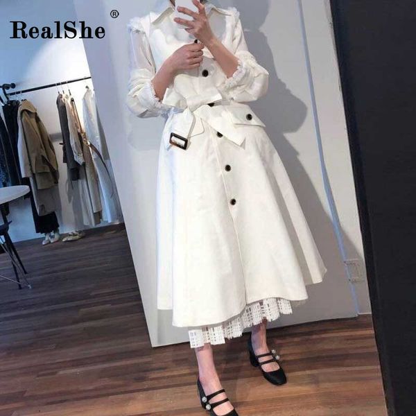 

realshe women vest lapel sleeveless buttons sashes solid long winter jacket women autumn casual slim coats and jackets, Black;white
