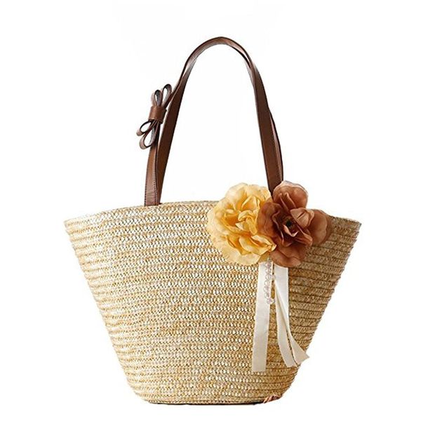 

women flower bow ribbon handle woven beach straw shoulder handbags(primary color