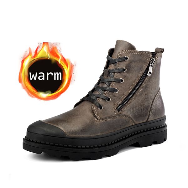 

autumn winter side zipper genuine leather ankle men boots shoes classic warm male casual boot sneakers footwear, Black