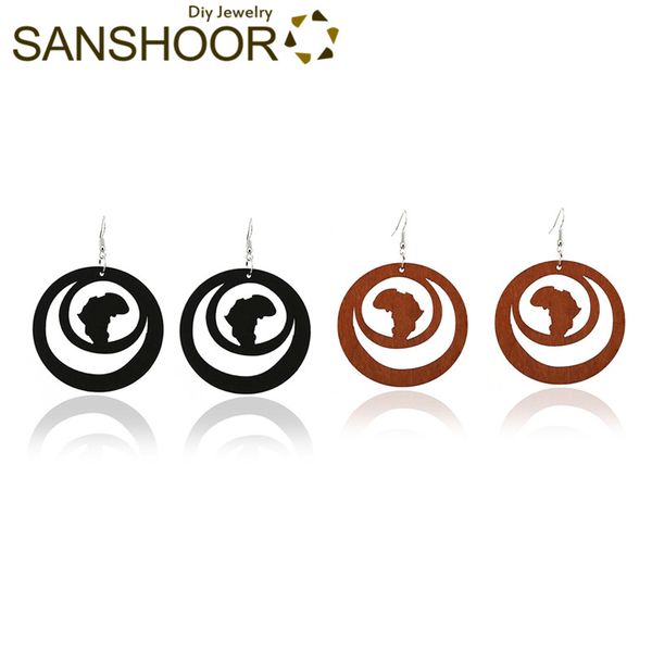 

sanshoor 2 pairs round wood earrings ethnic africa map drop earrings set women fashion wooden jewelry, Silver