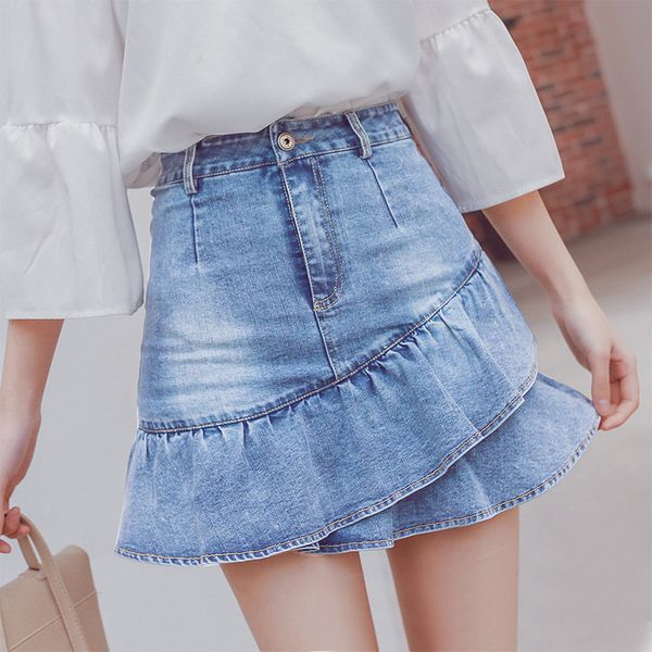 

fashion casual summer women jeans skirts high waist was thin ruffles mermaid skirt ladies korea blue mini denim skirt, Black