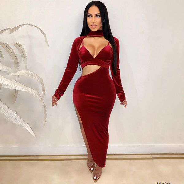 

womens designer solid color banquet dress v-neck long sleeve hip split dress wfvqh, Black;gray