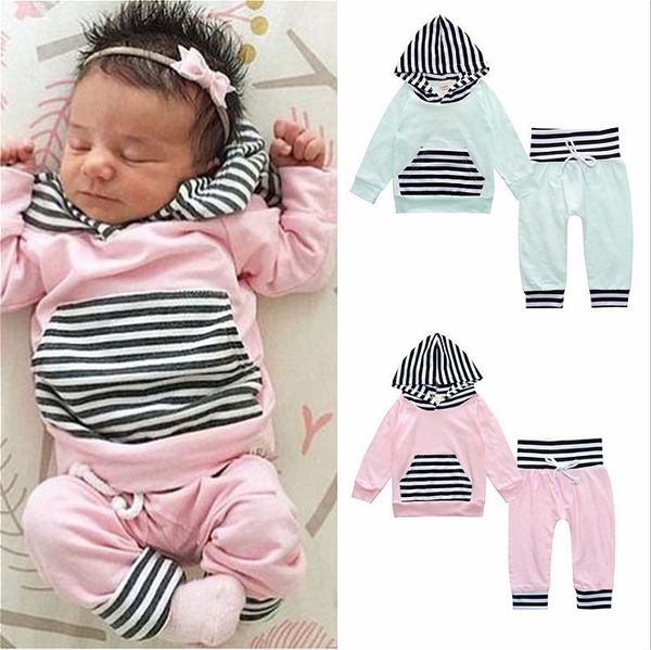 

2pcs baby girls casual set baby newborn kids toddler boys outfits striped long sleeve hooded t-shirt+pants clothing sets, White