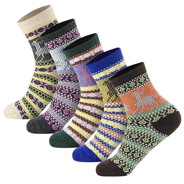 

5 pairs women casual winter warm thick wool vintage colorful knit soft socks breathable non-slip indoor yoga fitness socks, Black