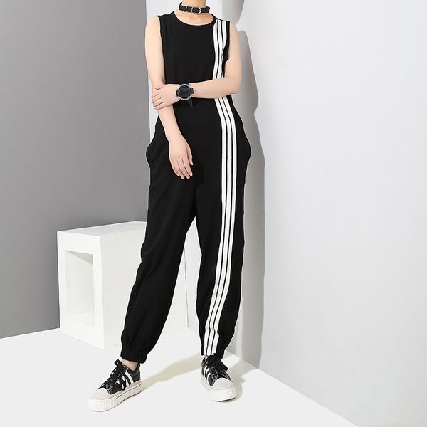 

korean style women summer long black jumpsuit romper sleeveless striped lady casual loose overalls jump suit playsuit, Black;white