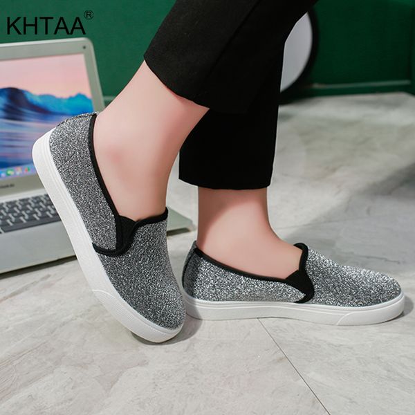 

khtaa woman platform slip on flat shoes glitter elatstic band female flats fashion ladies footwear casual women vulcanized shoes, Black