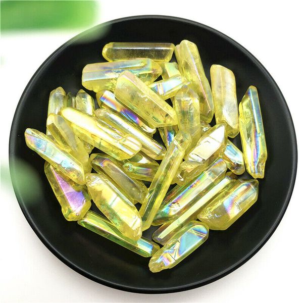 

wholesale electroplated 50g yellow titanium aura lemurian crystal wand point healing crystal stone decor natural quartz crystals