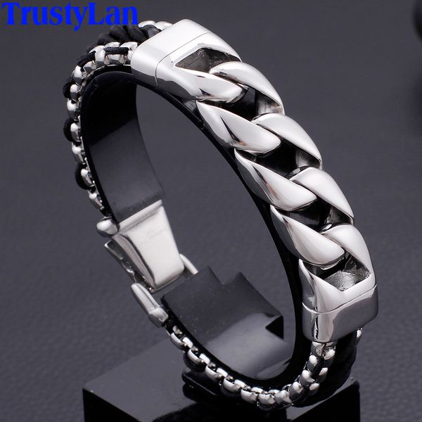 

polished stainless steel chain bracelet men 15mm wide braided leather bangle male cool personality biker jewelry dropship gifts, Golden;silver