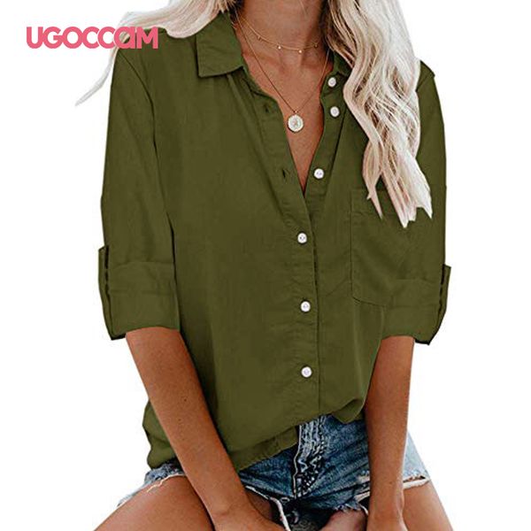 

ugoccam women blouses fashion one pocket long sleeve solid turn down collar office shirt blouse casual shirt plus size 5xl, White