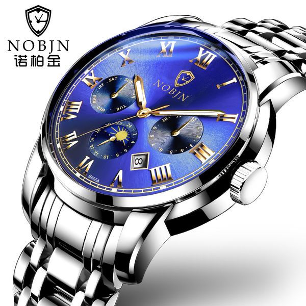 

мода nobjn мужчины автоматические механические часы многофункциональный наручные часы для мужчин водонепроницаемый календарь relogio masculi, Slivery;brown