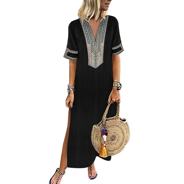 

plus size women dress sundress holiday printed short sleeve casual cotton blend slim fit maxi summer beach elegant pullover, Black;gray