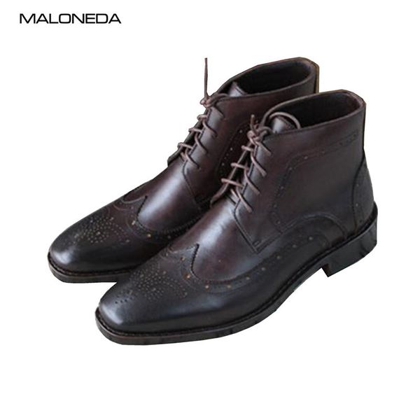 

maloneda brand new gentleman brogue boots genuine leather lace up italy style goodyear handmade ankle boot for men ing, Black