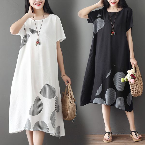 

literature will code printing split joint long fund short sleeve dress fat mm thin, White;black