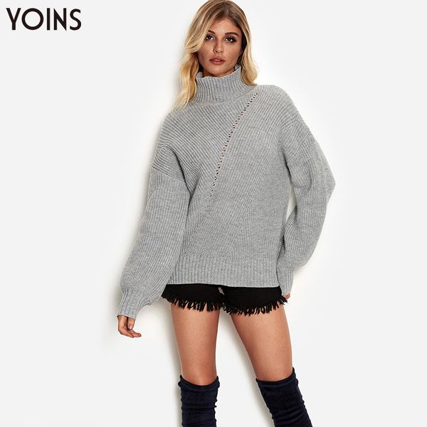

yoins 2019 spring autumn winter sweater women knitted hollow plain tuxedo collar turtleneck long sleeves sweaters loose casual, White;black