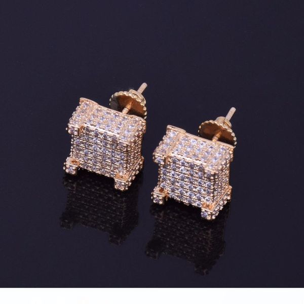 

10x10mm mens циркон серьга хип-хоп стиль медь материал iced bling cz square серьги стержня ювелирных изделий способа винтовой назад, Golden;silver