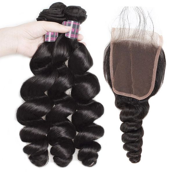 

оптовая цена бразильские свободные волны 3 пучки с 4x4 кружева закрытие индийских человеческих волос перуанский девы человеческих волос, Black