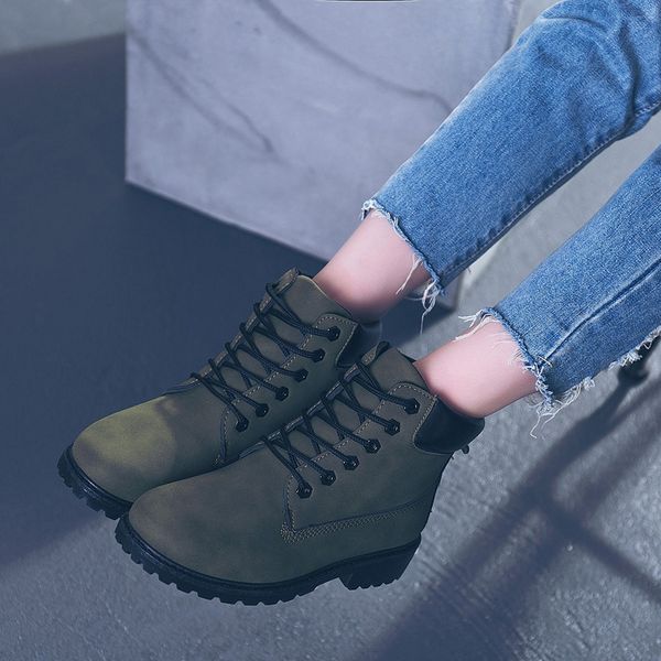 

new armygreen women boots lace up solid casual ankle boots round toe women shoes winter snow warm british style, Black
