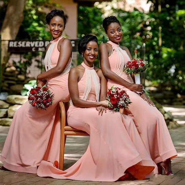 

halter neck african mermaid bridesmaid dresses long satin maid of honor wedding guest gown formal dress black girls party gowns, White;pink